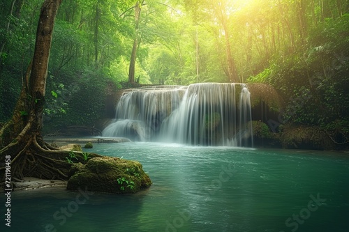 streaming waterfall in tropical jungle rainforest. Name waterfall in thai national park in deep forest on mountain. Around of brook has green jungle from big tree.Forest protected by forester.  © Nazia
