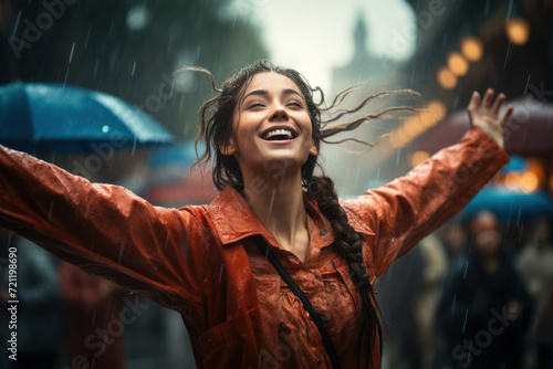 A dancer in the rain, moving freely, embodying liberation and exhilaration. Concept of liberating joy. Generative Ai. photo