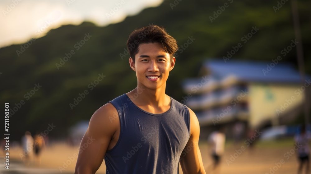Happy Asian man standing on the beach on a bright summer day. Smiling muscular young Asian guy posing at the beach. Portrait of a fit Chinese surfer on a vacation.