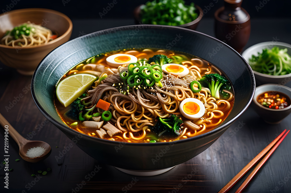 Miso Ramen Asian noodles with egg, pork and pak choi cabbage in bowl on dark background Miso Ramen Asian noodles with egg, pork and pak choi cabbage in bowl on dark background