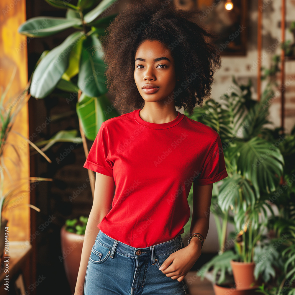 Red T-shirt Mockup, Black Woman, Girl, Female, Model, Wearing a Red Tee Shirt and Blue Jeans, Fitted Blank Shirt Template, Standing in a Room with Plants, Close-up View Red T-shirt Mockup, Black Woman, Girl, Female, Model, Wearing a Red Tee Shirt and Blue Jeans, Fitted Blank Shirt Template, Standing in a Room with Plants, Close-up View