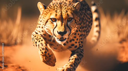 Cheetah running in the savannah in Kruger National Park, South Africa. Species Panthera pardus family of Felidae photo