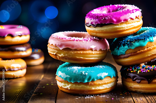 A stack of doughnuts on a wooden table