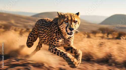 Cheetah running in the savannah in Kruger National Park, South Africa. Species Panthera pardus family of Felidae photo