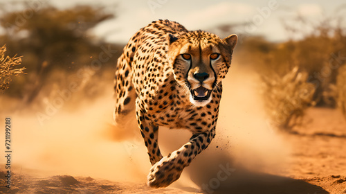 Cheetah running in the savannah in Kruger National Park, South Africa. Species Panthera pardus family of Felidae