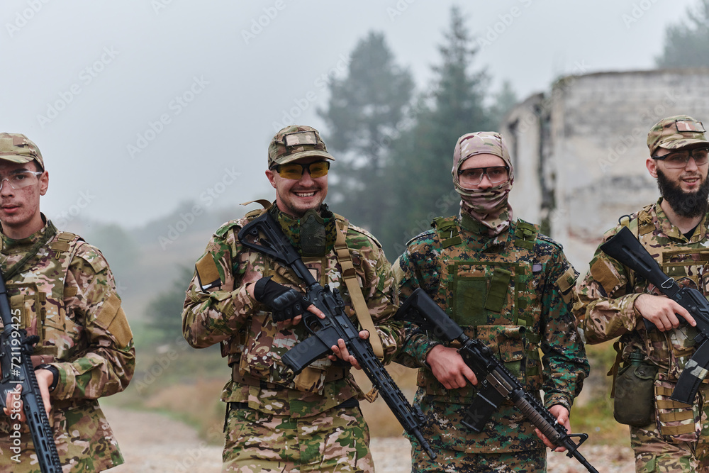 Fototapeta premium A disciplined and specialized military unit, donned in camouflage, strategically patrolling and maintaining control in a high-stakes environment, showcasing their precision, unity, and readiness for