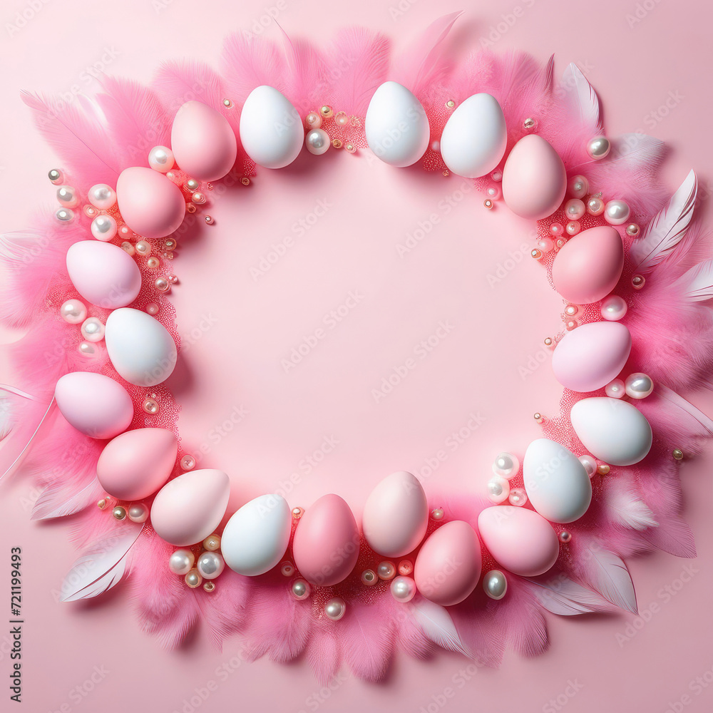 Square light pink Easter banner, dyed eggs of glossy delicate pink color are arranged in a circle, the composition is supplemented with pink and white feathers. Conceptual poster, advertising banner