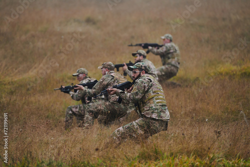 A disciplined and specialized military unit  donned in camouflage  strategically patrolling and maintaining control in a high-stakes environment  showcasing their precision  unity  and readiness for