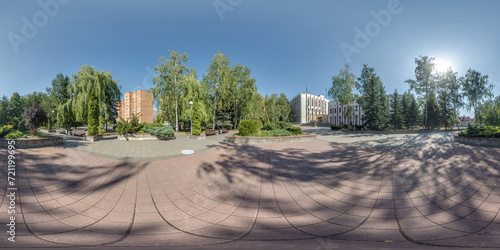 seamless spherical hdri 360 panorama view on square with trees near residential area with multi-storey and office building and urban development in equirectangular projection  AR VR content