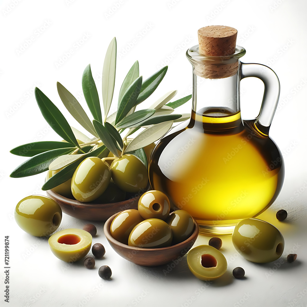Olive oil and olives on a white background, Composition with olives and olive oil, Generative AI Olive oil and olives on a white background, Composition with olives and olive oil, Generative AI
