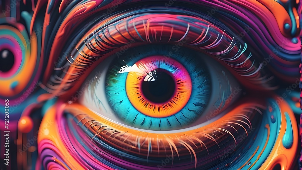 Psychedelic eye infused with abstract neon streaks set against a vibrant neon world. Generative AI.