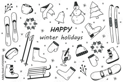 New Year and Christmas elements in the doodle style. Vector illustration of winter clothing, sports equipment, spruce, food and drinks. Winter vacation icons.