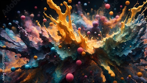 Explosion of paint on the dark background colorful particles. Generative AI.