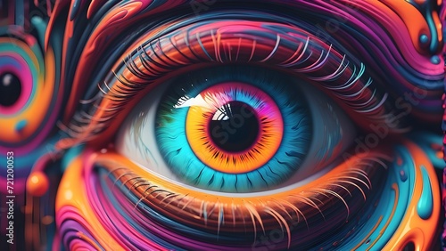 Psychedelic eye infused with abstract neon streaks set against a vibrant neon world. Generative AI.