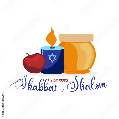 Shabbat Shalom illustration of candle apple and honey with the text isolated on white, jewish banner template