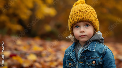Boy wearing denim jacket and yellow knit hat
