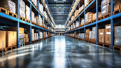 Industrial Warehouse Interior, Storage Factory, Large Storehouse with Shelves and Boxes