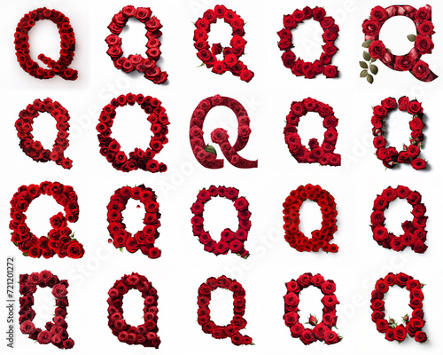 Group of various Q shaped letters made from red rose flowers isolated on white background. Generative ai. Romantic blooming font theme.