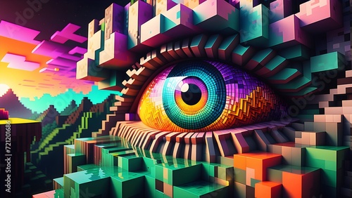Minecraft inspired eye with psychedelic abstract design. Generative AI.