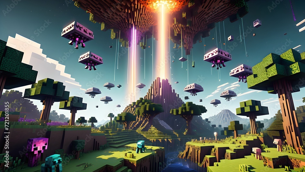 Fotobehang met Psychedelic blocky live wallpaper free space. Blocky style alien invasion. Generative AI.  #721201855