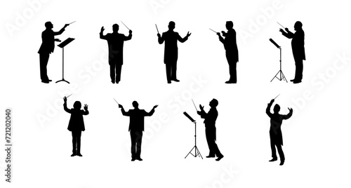  Silhouette Of Music Conductor, great conductor set collection clip art Silhouette , Black vector illustration on white background.
