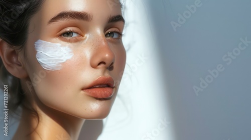 Woman using sunscreen cream. Beautiful girl with sun protection cream photo