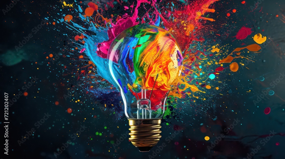 Creative light bulb explodes with colorful paint splashes and shards of glass on a black background. Think differently creative idea concept. Dry paint splatter. Brainstorm and think - obrazy, fototapety, plakaty 