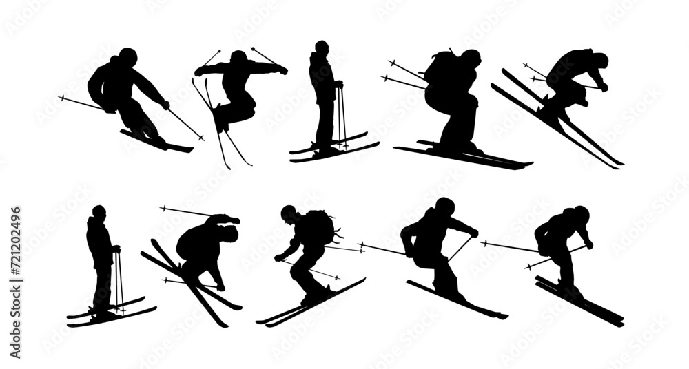 Silhouette Of Skiing Sport, Winter extreme sport, snowboarding, Skifahrer Spuren great set collection clip art Silhouette , Black vector illustration on white background. - obrazy, fototapety, plakaty 