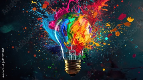 Creative light bulb explodes with colorful paint splashes and shards of glass on a black background. Think differently creative idea concept. Dry paint splatter. Brainstorm and think photo