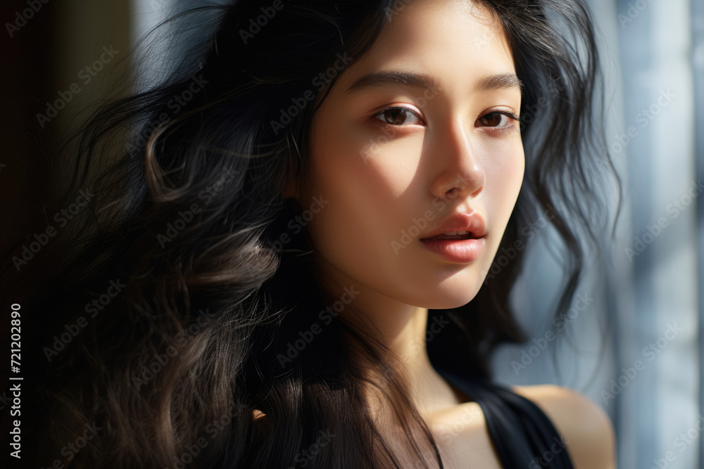Fototapeta premium Beauty portrait of a young Asian woman with smooth healthy skin, cosmetics, health concept