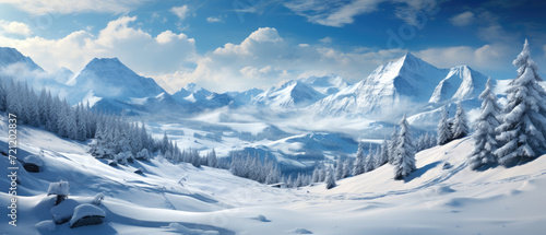 Snowy mountains against blue sky panorama. Horizontal banner © Michael