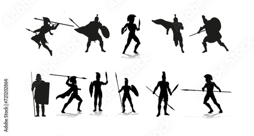 Spartan Silhouette Gladiator Trojan Greek Warrior. Spartan helmet sign. Warriors and soldiers great set collection clip art Silhouette, Black vector illustration on white background V3.