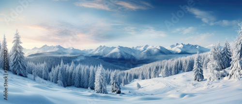 Snowy mountains against blue sky panorama. Horizontal banner