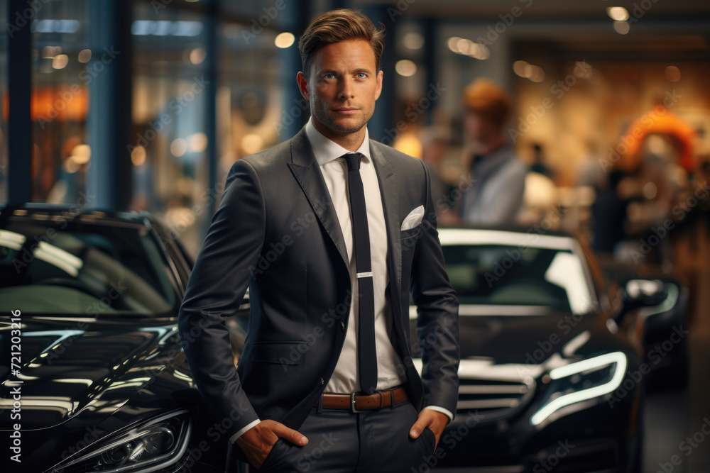 Male salesman in a suit in a car shop