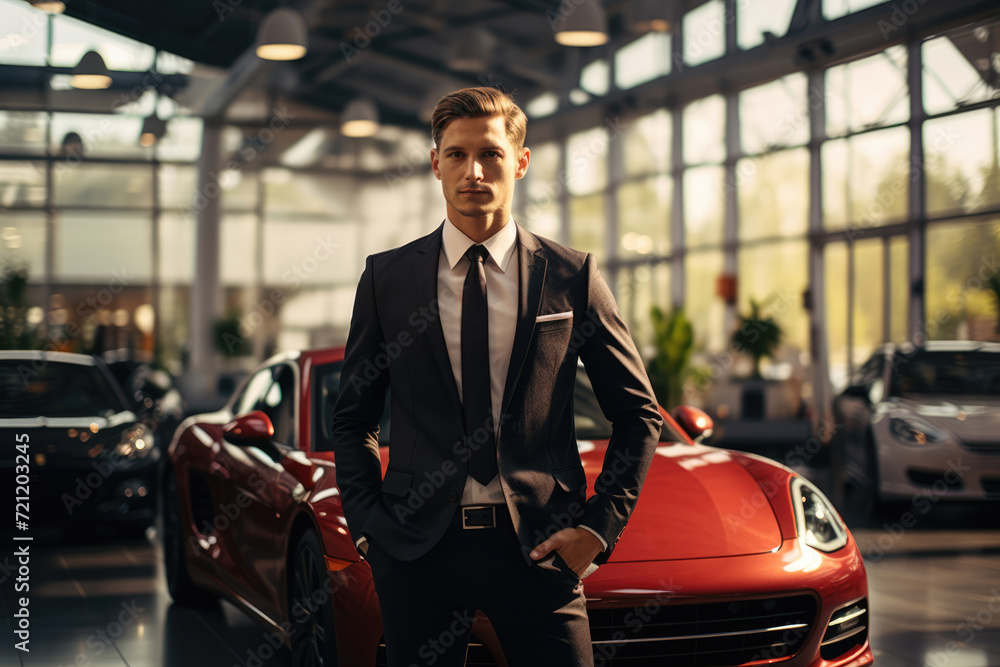 Male salesman in a suit in a car shop Male salesman in a suit in a car shop