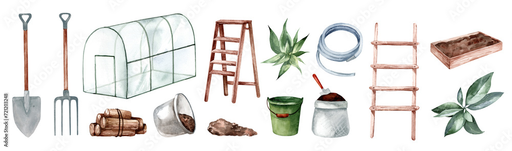 Collection of garden tools and plants. Watercolor illustration of earth and seeds isolated on white background. Agriculture design elements for printing and packaging.