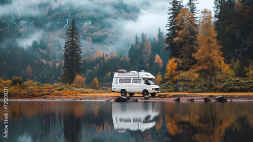 camping on the river, captivating image of a camper van parked by a lake, symbolizing the freedom of road trips and outdoor adventures