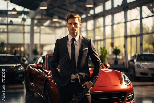 Male salesman in a suit in a car shop © Michael