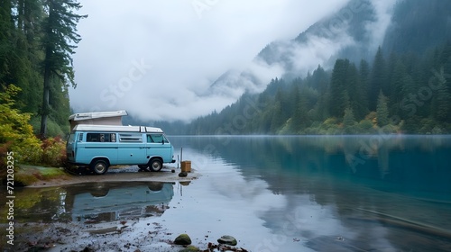 camping in the mountains, captivating image of a camper van parked by a lake, symbolizing the freedom of road trips and outdoor adventures