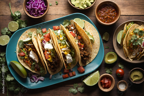 Delicious tacos with beef, vegetables and spices