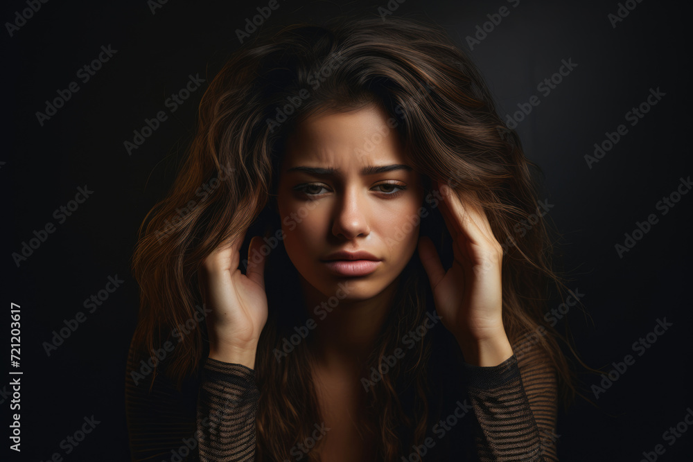 Upset woman with headache clutching her head Upset woman with headache clutching her head