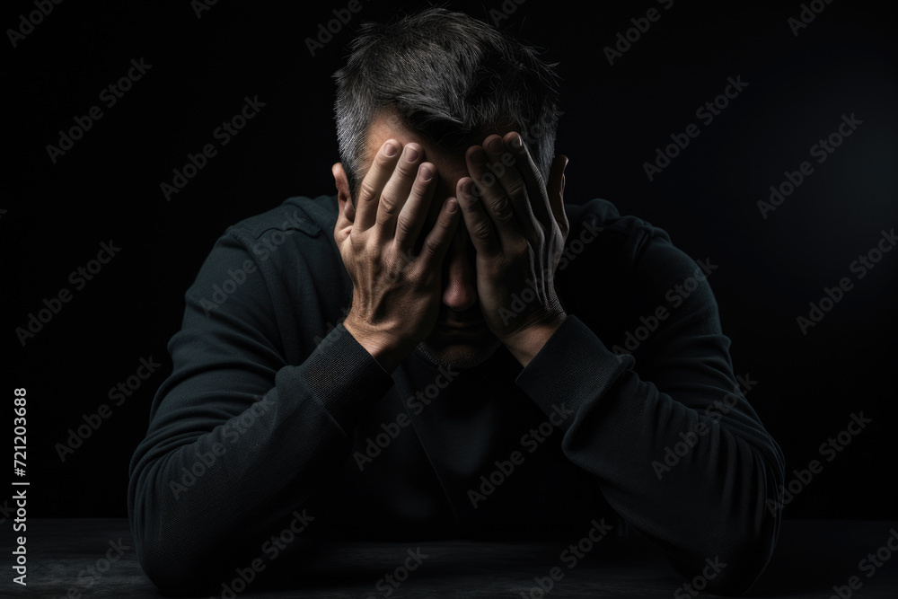 man suffers from a headache, squeezing his head with his hands man suffers from a headache, squeezing his head with his hands