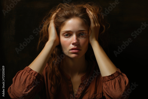 Upset woman with headache clutching her head