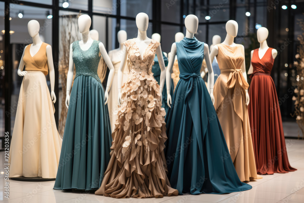 Elegant luxurious dresses on mannequins in a store