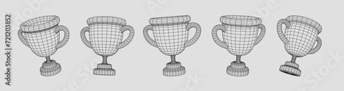 Champion cup 3d icons collection. Mesh grid winner goblet vector design elements set. Three-dimensional bowles on white background. Futuristic HUD elements