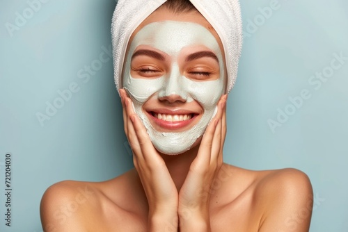 Happy sincere young woman uses natural cosmetic mask for skin care photo