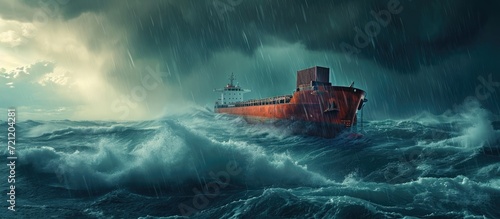 Stormy sea with cargo ship.