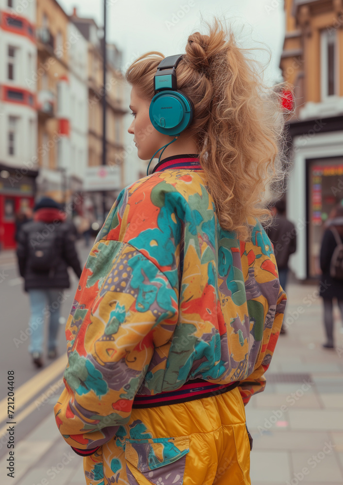 A Portrait of a Girl on the Street Dressed in 90's Fashion Wearing Headphones A Portrait of a Girl on the Street Dressed in 90's Fashion Wearing Headphones