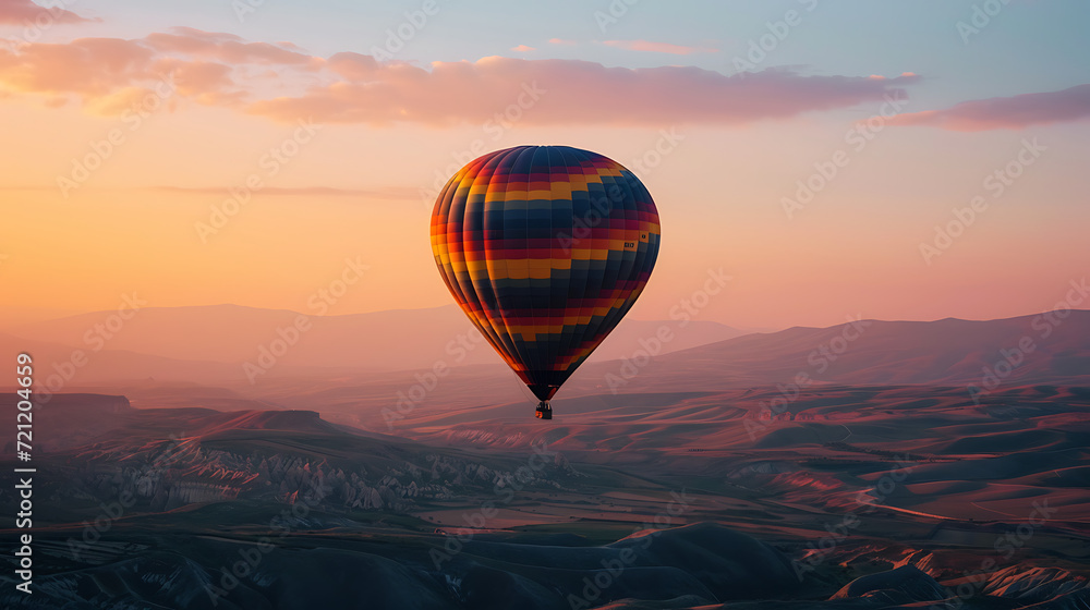 A hot air balloon floating in the air, over the British countryside with a sunset