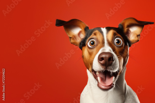 Shocked dog with open mouth. Copy space for text photo